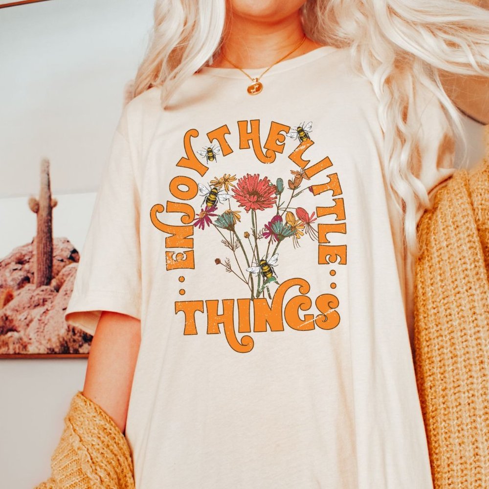 Enjoy The Little Things T-shirt , Floral Shirt - Heather Dust XS-2X - Picture 1 of 4